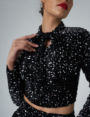 Bow Detail Sequin Long Sleeve Cropped Top Black