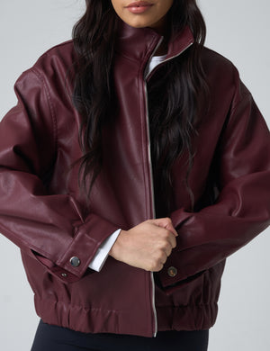 Faux Leather Oversized Bomber Jacket Burgundy