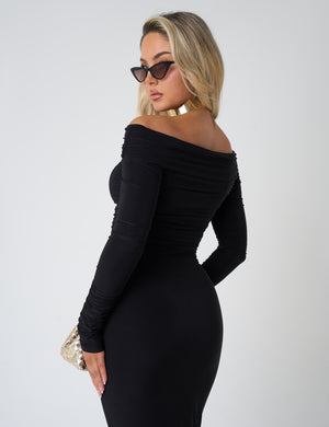 Ruched Bardot Long Sleeve Top Co Ord Black