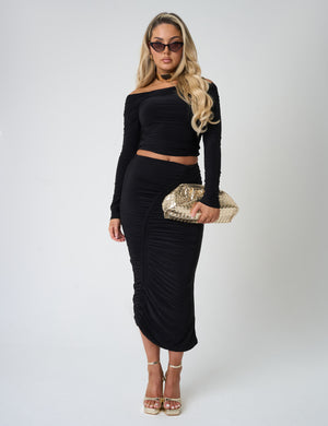 Ruched Maxi Skirt Co Ord Black