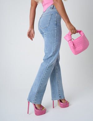 Straight Leg Stud Detail Denim Jeans Blue