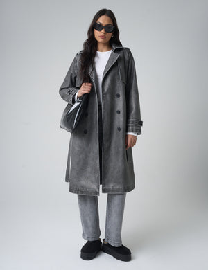 Distressed Faux Leather Long Trench Coat Dark Grey