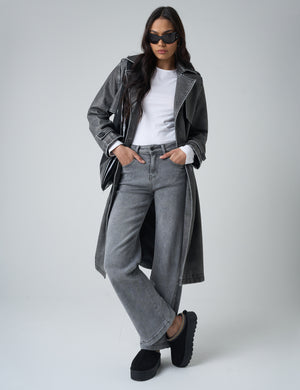 Distressed Faux Leather Long Trench Coat Dark Grey