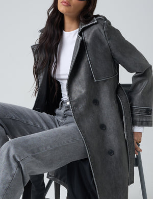 Distressed Faux Leather Long Trench Coat Dark Grey