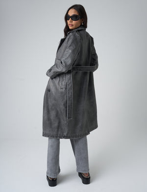 Distressed Faux Leather Long Trench Coat Dark Grey