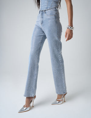 Diamante Straight Fit High Rise Denim Jeans Blue