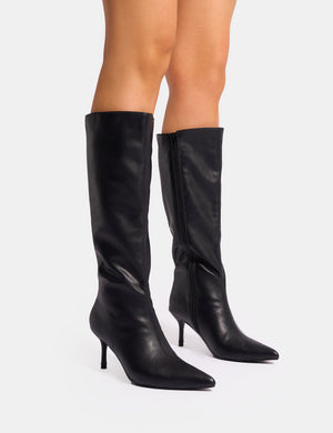 Amped Black Pointed Toe Mid Heel Knee High Boots Public Desire