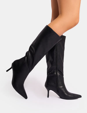 Amped Black Pointed Toe Mid Heel Knee High Boots Public Desire