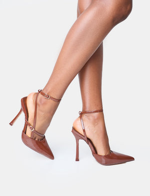 Idol Chocolate Patent Buckle Strappy Detail Stiletto Court High Heels