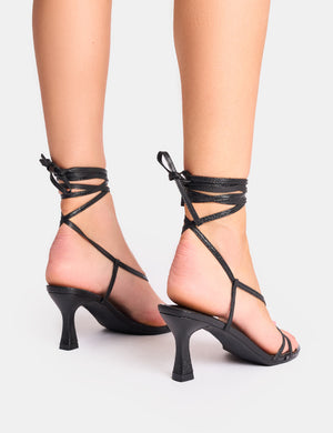 Irisa Cracked Black Lace Up Strappy Mid Heels