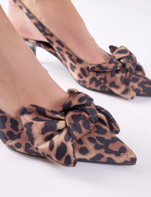 Iris Leopard Bow Detail Satin Leopard Sling Back Kitten Heel Court Shoes