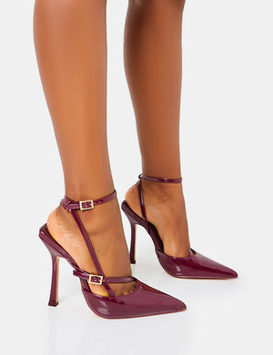 Public Desire Idol front strap heeled shoes in burgundy
