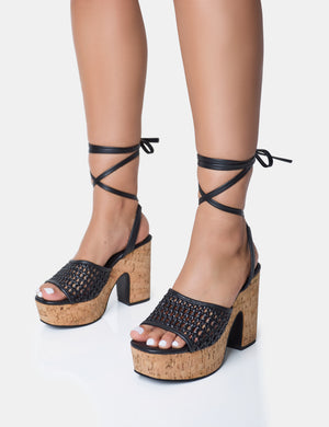 Jos Black Wide Fit Netted Lace Up Cork Platform Sandals