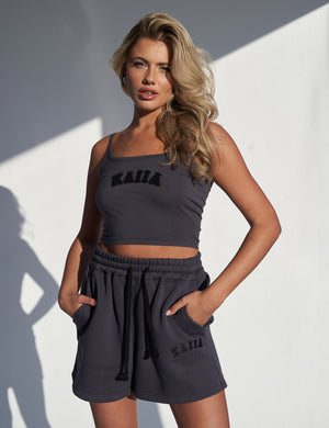 Kaiia Slogan Vest Top Dark Grey