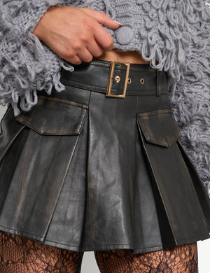 Black faux leather belted mini skirt hotsell