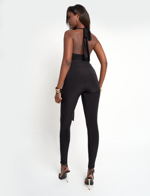 Plunge Neck Belted Slinky Jumpsuit Black