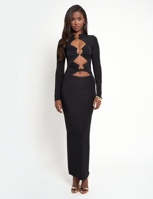 Slinky Metal Detail Long Sleeve Maxi Dress Black