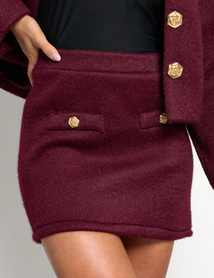 Faux Wool Gold Button Detail Mini Skirt Co Ord Burgundy