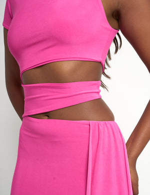 Asymmetric Drape Cut Out Detail Mini Dress Hot Pink