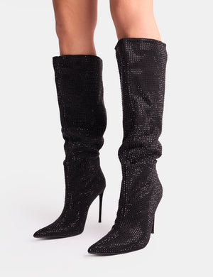 Lothario Black Diamante Knee High Boots