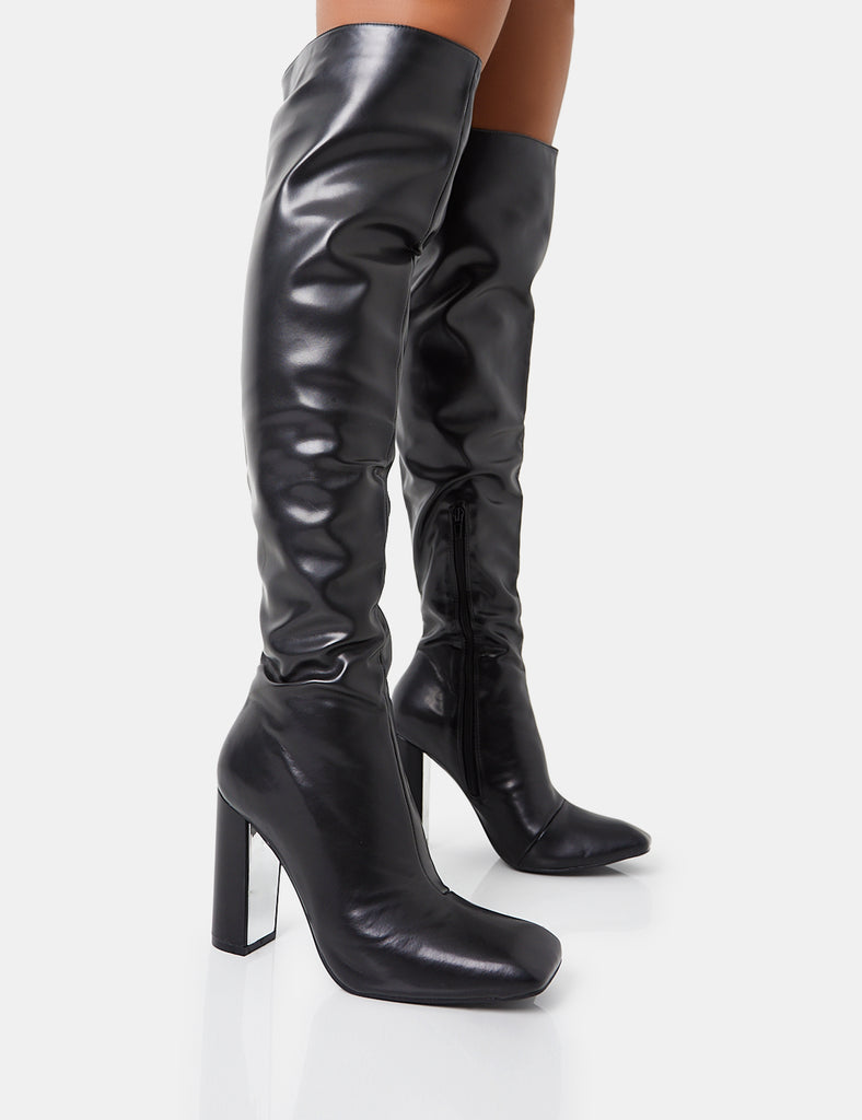 Lasta Black Pu Rounded Square Toe Block Heeled Over The Knee Boots ...