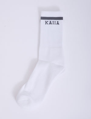 One Pair Kaiia Logo Sport Stripe Longline Socks White & Grey