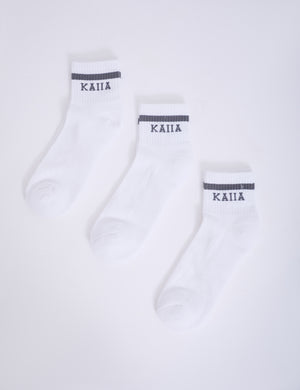 Pack of Three Kaiia Logo Sports Stripe Socks White & Grey