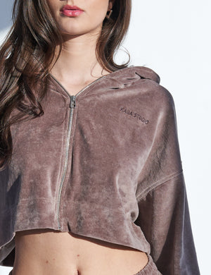 Kaiia Studio Logo Velour Hoodie Brown