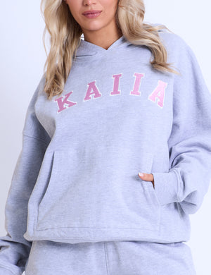 Kaiia Slogan Oversized Hoodie Grey Marl & Pink