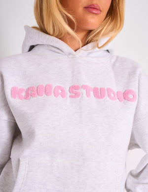 Kaiia Studio Borg Bubble Logo Oversized Hoodie Grey Marl & Pink