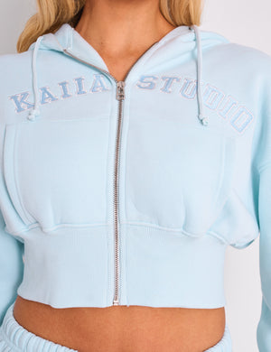 Kaiia Studio Logo Cropped Zip Up Hoodie Light Blue