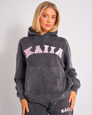 Kaiia Slogan Oversized Hoodie Washed Dark Grey & Pink