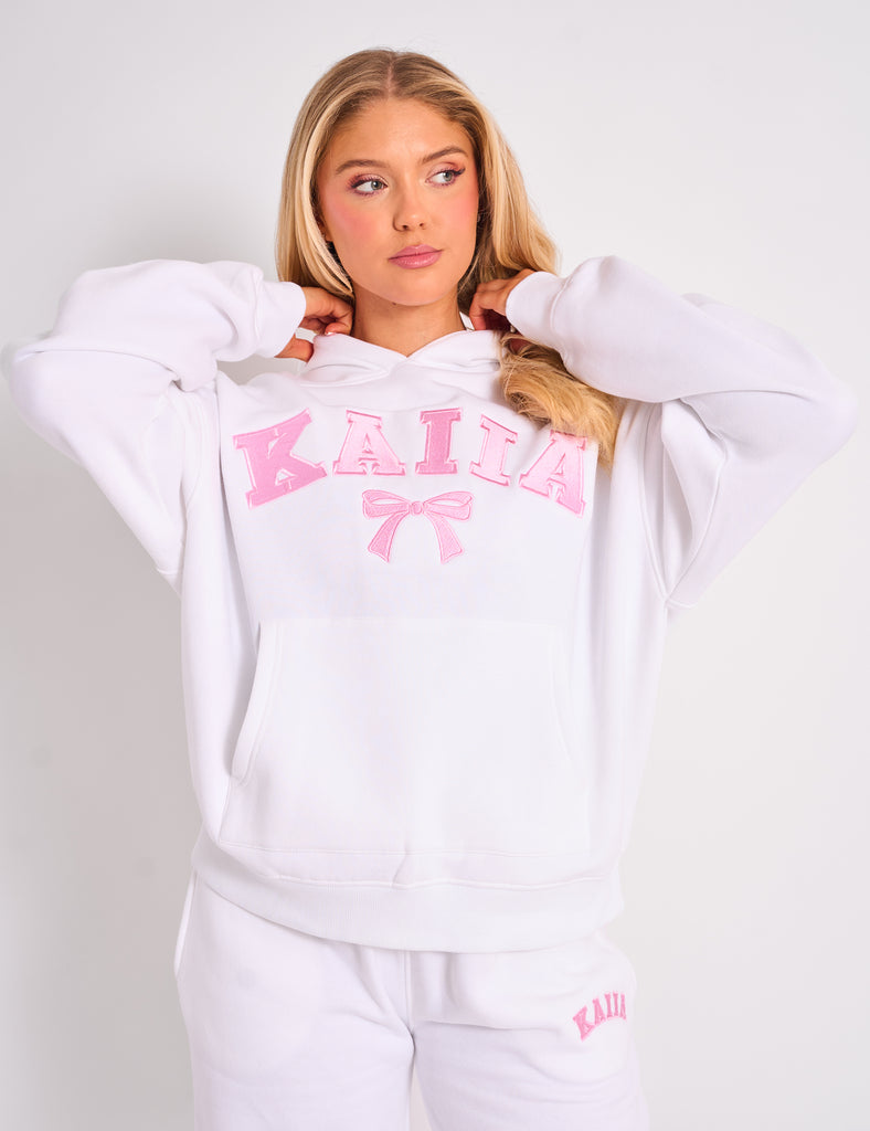 Kaiia Bow Embroidered Oversized Hoodie White Pink