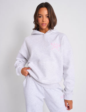 Kaiia Bow Embroidered Oversized Hoodie Light Grey Marl & Baby Pink