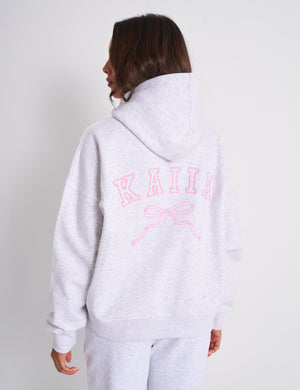 Kaiia Bow Embroidered Oversized Hoodie Light Grey Marl & Baby Pink