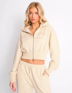 Kaiia Sport Logo Cropped Zip Up Hoodie Buttercream