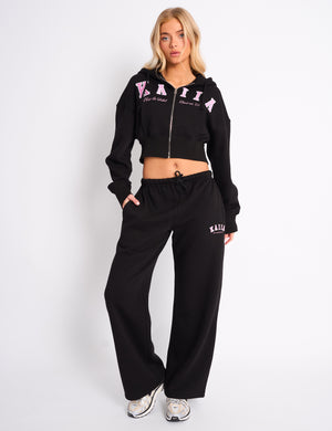 Kaiia Slogan Cropped Zip Up Hoodie Black & Pink