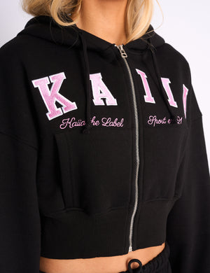 Kaiia Slogan Cropped Zip Up Hoodie Black & Pink