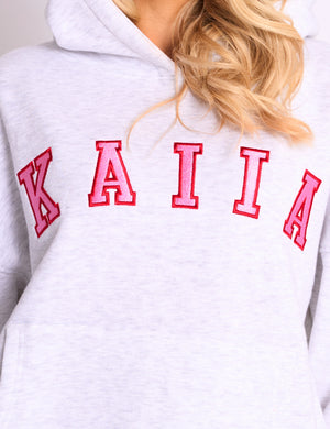 Kaiia Slogan Oversized Hoodie Light Grey Marl & Pink Contrast