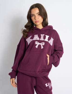 Kaiia Bow Embroidered Oversized Hoodie Plum & Baby Pink