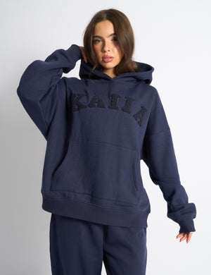 Kaiia Borg Slogan Oversized Hoodie Deep Blue