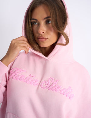 Kaiia Studio Borg Script Logo Oversized Hoodie Baby Pink