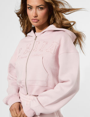 Kaiia Slogan Zip Through Cropped Hoodie Pink Chai