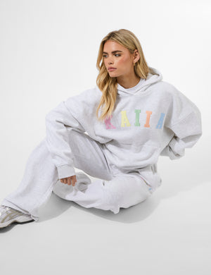 Kaiia Rainbow Logo Oversized Hoodie Light Grey Marl