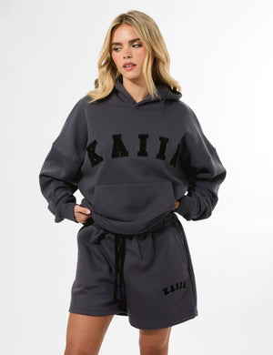 Kaiia Slogan Oversized Hoodie Dark Grey