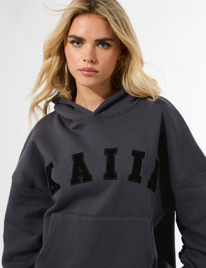 Kaiia Slogan Oversized Hoodie Dark Grey