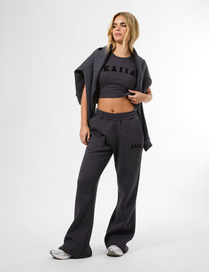 Kaiia Logo Wide Leg Sweat Pants in Dark Grey