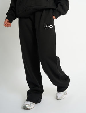 Kaiia Script Logo Wide Leg Joggers Black