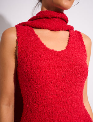 Kaiia Boucle Knitted Sleeveless Jumper Dress With Scarf Red