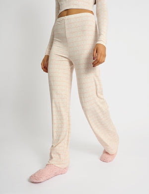 Kaiia Bow Print Lace Wrap Top & Trouser Pj Set Cream & Pink